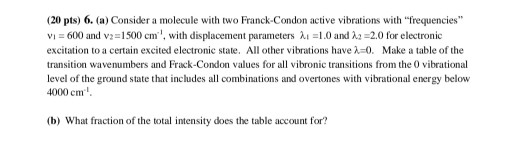 (20 pts) 6. (a) Consider a molecule with two Franck-Condon active vibrations with Trequencies Vi = 600 and v2=1500 cm-1, wi