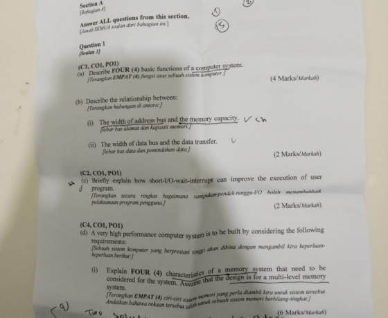 Section A Bahagian A Answer ALL questions from this section awab SEMUA soalan dari bahagian ini] Question 1 Soalan I (CI, CO1