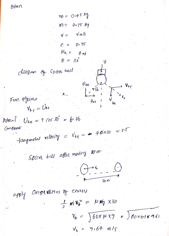 bven O.45 Kg 7mls 0.15 3 D diastan Soae ball Vor Fron tiise nontUbn 7 Cos 30 Cmforent Hangential velecity 3p m Socce bsu afte
