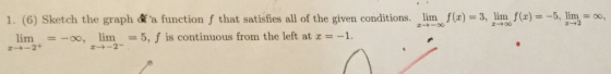 1. (6) Sketch the graph f a function f that satisfies all of the given conditions. lim )3, im ()5, lim , lim+ =-oo.lim2--5, f