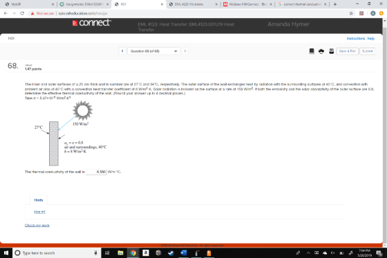 xAssignments: EML4123.001 x H21 × | M McGraw Hill Connect Eb: x | G convert thermal consuctivi/X | EML 4220 Vibations ← → σ A