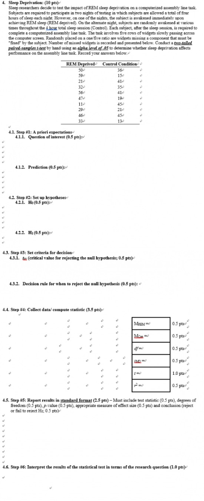 4. Sleep Deprivation: (10 pts) Sleep researchers decide to test the impact of REM sleep deprivation on a computerized assembl