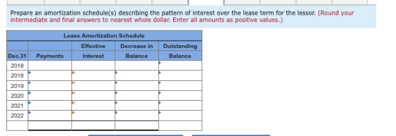 Prepare an amortization schedule(s) describing the pattern of interest over the lease term for the lessor. (Round your interm