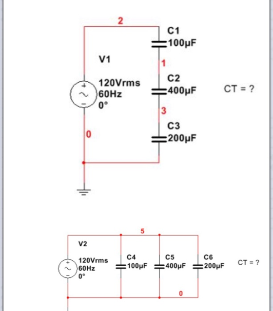 2 C1 100μF V1 C2 120Vrms -L400μF 60Hz 0° 3 C3 200μF 5 V2 C6 120Vrms C4 60Hz 0° C5