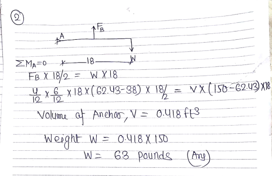 18 ΣMA=0 EB X 18/2 81X M X18X(62.U2-38) X 18/ 12 VX(I50-62.U3X 0.418 ftS Volume a Ancha, V Weight 0.418 X 150 63 Paurnds Any