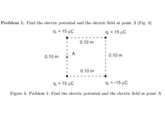 Problem 1. Find the electric potential and the electric field at point A (Fig. 4 1In q2 = 15, 0.10m 0.10 m 0.10m × 0.10 m 9 1
