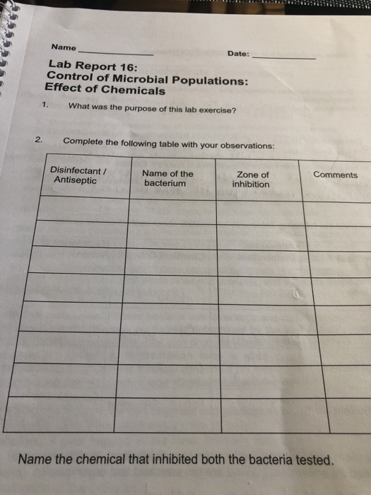 Name Date: Lab Report 16: Control of Microbial Populations: Effect of Chemicals 1. What was the purpose of this lab exercise?