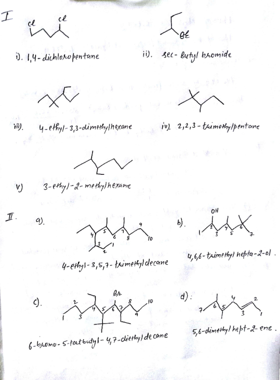 cl cl . 1-dichloropentane sec- Butyl bromide 4-еky-33-dimetnyinegлene iv2,2,3-timehylpentone 3-етyld- merhylnекаne V) OH b) 4