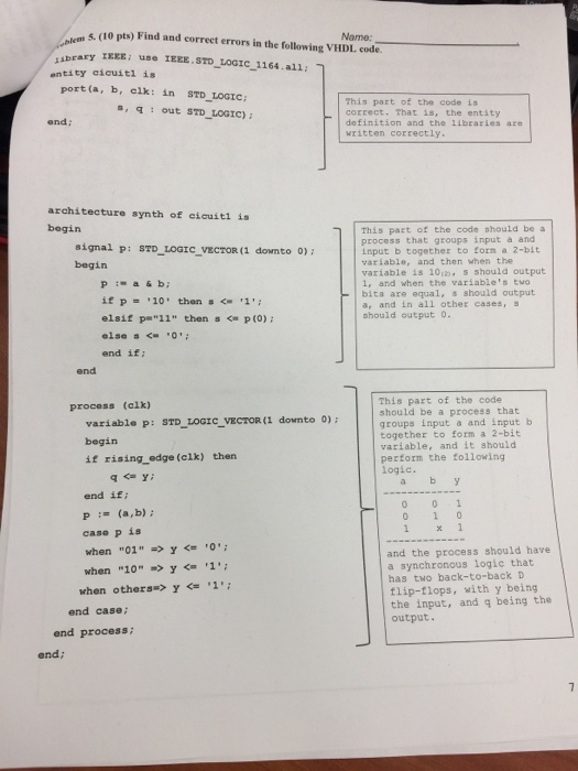 Name: ·5. (10 lts) Find and correct errors in the following VHDL ed. IEEE ; library use IEEE . STD LOGIC-1104 . all; entity c