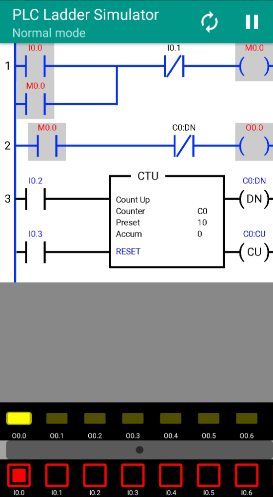 PLC Ladder Simulator I Normal mode 0.0 0.1 MO.0 M0.0 M0.0 CO:DN 00.0 2 CTU 0.2 CO:DN 3 DN Count Up Counter Preset Accum CO 10