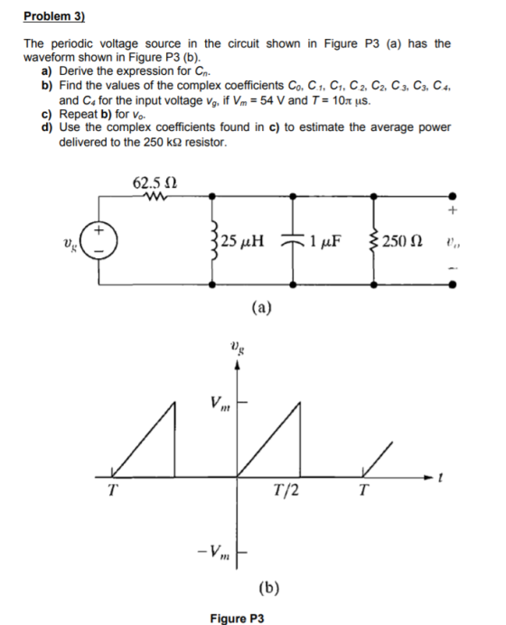 Problem 3 The periodic voltage source in the circuit shown in Figure P3 (a) has the waveform shown in Figure P3 (b). a) Deriv