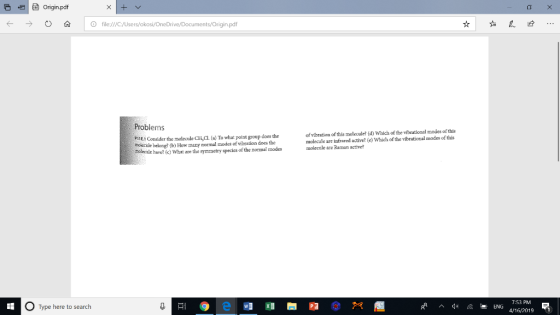 ロ € 1 Origin.pdf ← → c) a 10 file:///C/Users/okosi/OneDrive/Documents/Origin.pdf Problems PIE1 Consider the molecule CH,CL (a