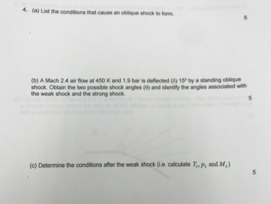 4. (a) List the conditions that cause an oblique shock to form (b) A Mach 2.4 air flow at 450 K and 1.9 bar is deflected (6)