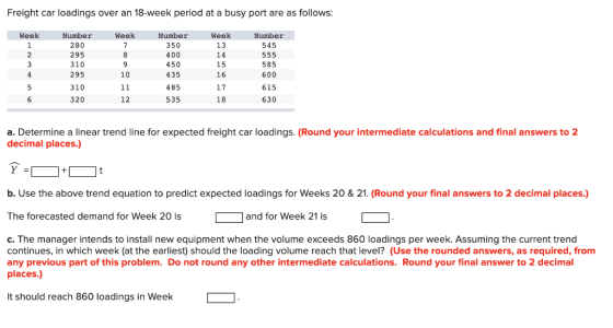 Freight car loadings over an 18-week period at a busy port are as follows. Week 13 14 15 16 17 18 Week 1 Number 280 295 310 2