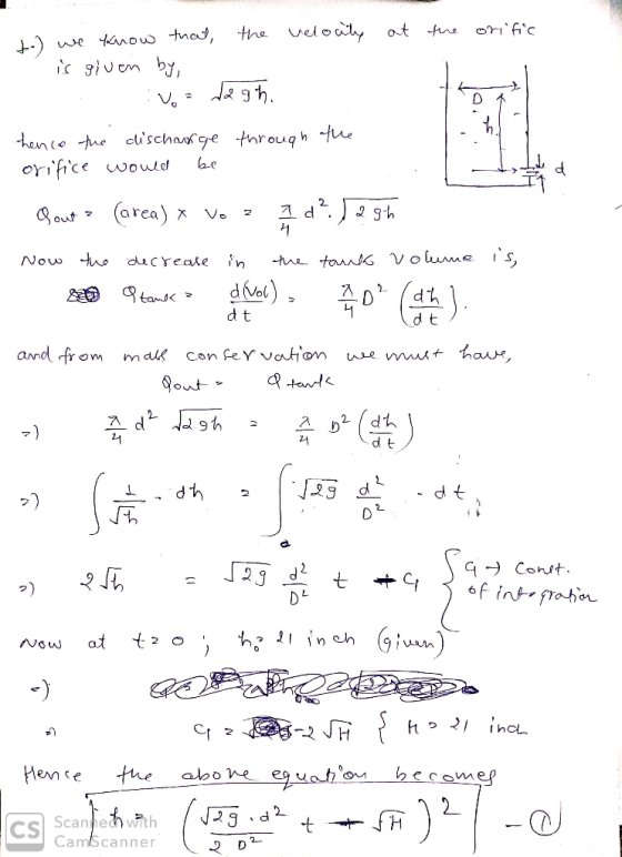veloty the we nou thad, 3em by, V. = hence ue cuschafge through tue orifice would (area) gh out Vo ho the toun Voume s dcrea