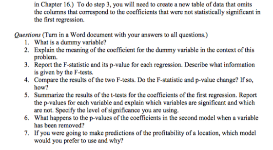 in Chapter 16.) To do step 3, you will need to create a new table of data that omits the columns that correspond to the coeff