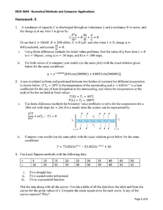 EECE 4694 Numerical Methods and Computer Applications Homework -5 1. A condenser of capacity C is discharged through an induc