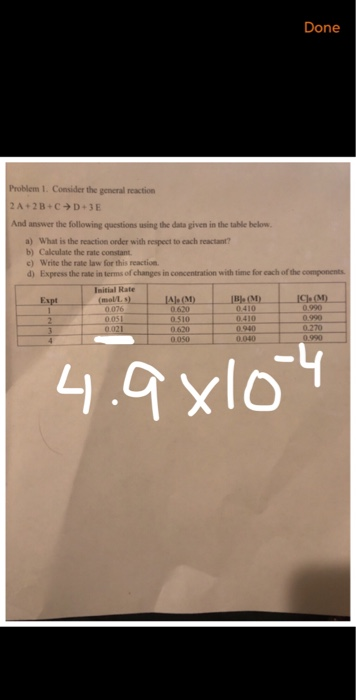Done Problem 1. Consider the general reaction 2A+2B+C D+3E And answer the following questions using the data given in the tab