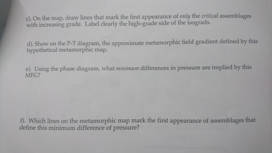 c). On the map, draw lines that mark the first appearance of only the critical assemblages with increasing grade. Label clear