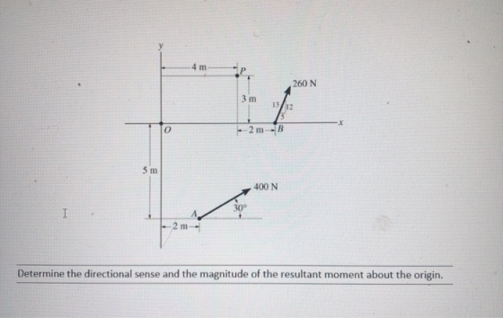 4 m 260 N 3 m 1312 2m-B 5 m 400 N 30° 2 m Determine the directional sense and the magnitude of the resultant moment about the