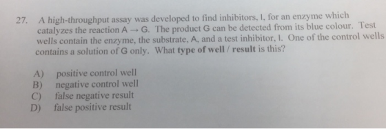 A high-throughput assay was developed to find inhibitors, I, for an enzyme which catalyzes the reaction A-G. The product G ca