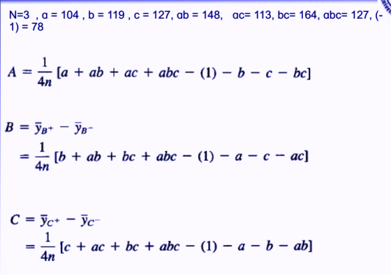ac= 113, bc= 164, abc= 127, (- N-3 , a 1)-78 104 , b = 119 , c 127, ab = 148, A=4n [a + ab + ac + abc-(1)-b-c-bc] -b ab bc +