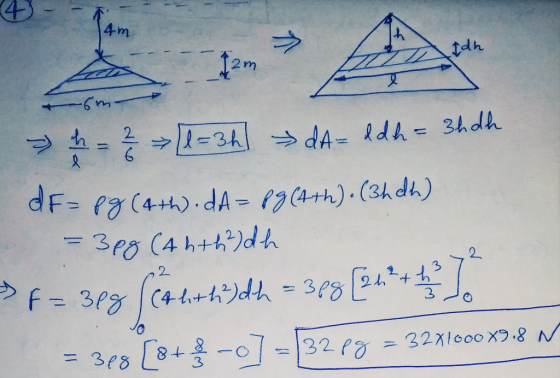 4m tdh 2m 2 th dA- kdh= 3hdlh dF- Py(4th)dA- 74th). (3h dh) 3Pg C4 h+h)dh 2 ,2 F 3 4tdh -0 C4tthdh33 2+ 3 32X1000X9.8 N 32PO