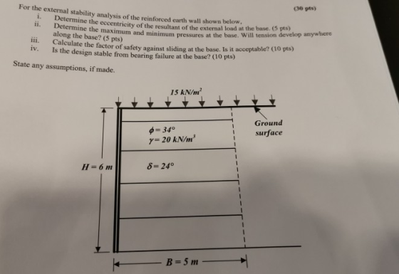 For the external stability analysis of the reinforced carth wall shown (30 pts) 1. Determine the eccentricity of the resultan