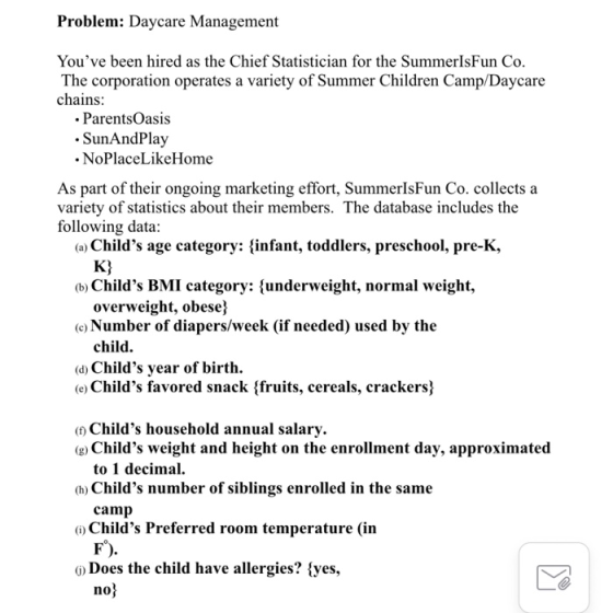 Problem: Daycare Management Youve been hired as the Chief Statistician for the SummerlsFun Co. The corporation operates a va