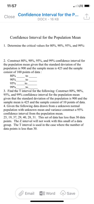 itl 5 LTE Confidence Interval for the P... DOCX -16 KB Close Confidence Interval for the Population Mean l. Determine the cri