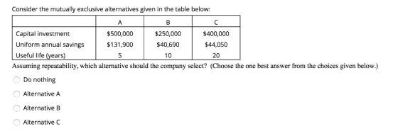 Consider the mutually exclusive alternatives given in the table below: A B Capital investment $250,000 $400,000 $500,000 Unif