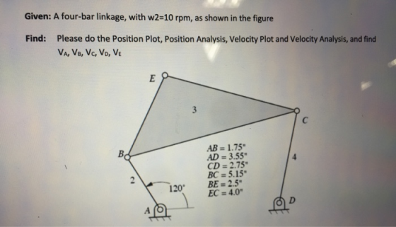 Given: A four-bar linkage, with w2=10 rpm, as shown in the figure Please do the Position Plot, Position Analysis, Velocity Pl