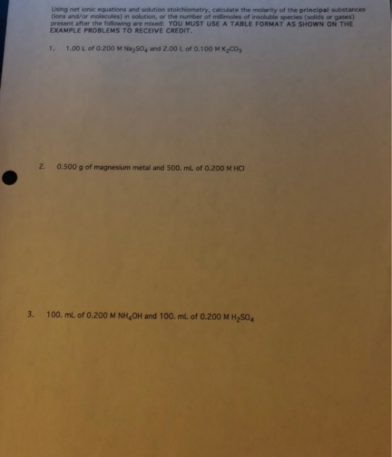 Using net ionic equations and solution stoichiometry, calculate the molarity of the principal substances (ions and/or molecul