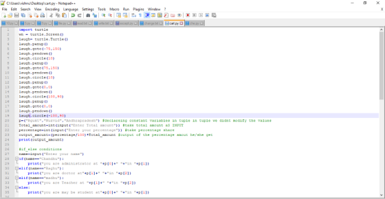 File Edit Search View Encoding Language Settings Tools Macro Run Plugins Window? import turtile wn-turtle.Screen () laugh- tu