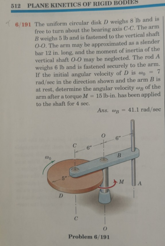 PLANE KINETICS OF RIGID BODIES 512 16/191 The uniform circular disk D weighs 8 lb and is free to turn about the bearing axis