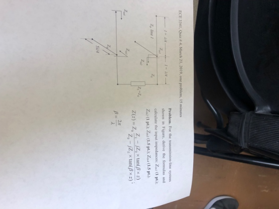 ECE 3341, Quiz # 4, March 21, 2019, one problem, 15 minutes Problem. For the transmission-line system shown in Figure, derive