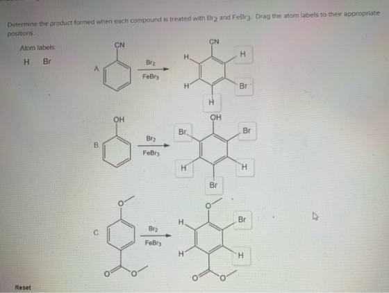 Determine the product formed when each compound is treated with Br2 and FeBr3. Drag the atom labels to their appropriate posi