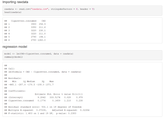 Importing rawdata rawdata <- read.csv (rawdata.csv, stringsAsFactors-, headerT) head (rawdata) ## cigarettes . consumed CHD
