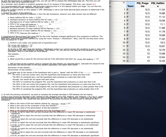 analve the mework on confidence intervals, you will use JMP to analyze the Deflategate data set. This time you will As a remi