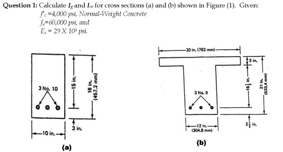 Question 1: Calculate Ig and Icr for cross sections (a) and (b) shown in Figure (1). Given: fc=4,000 psi, Normal-Weight Concr