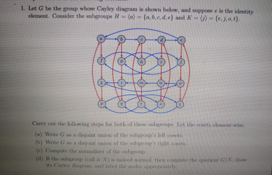 1. Let G be element. Consider the subgroups H = <a) = { a, b, c, d, e} and K = (j)-{ e, j, o, t} the group whose Cayley diagr