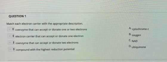 QUESTION 1 Match each electron carrier with the appropriate description. A. coenzyme that can accept or donate one or two ele