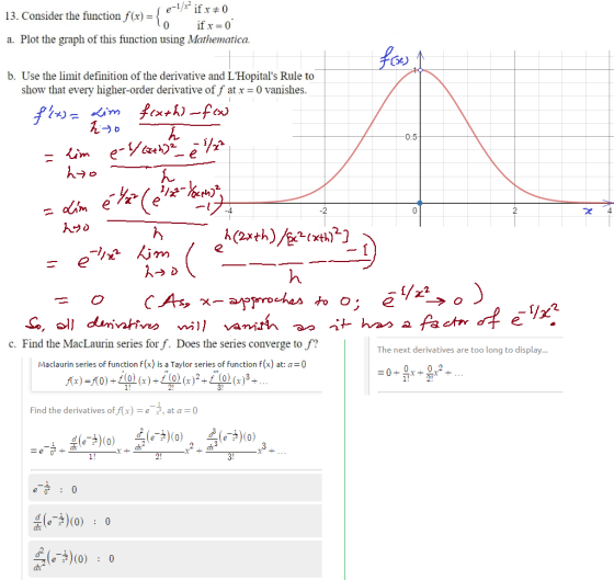{ e-lie if x # 0 If x = 0 13. Consider the function f(x) = a. Plot the graph of this function using Mathematica b. Use the li