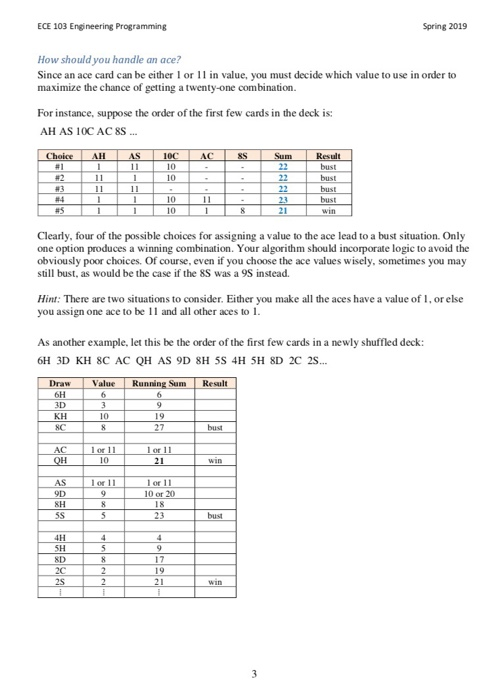 ECE 103 Engineering Programming Spring 2019 How should you handle an ace? Since an ace card can be either or in value, you mu