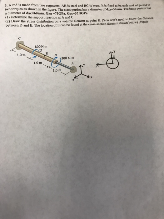 3. A rod is made from two segments: AB is steel and BC is brass. It is fixed at its ends and subjected to two torques as show
