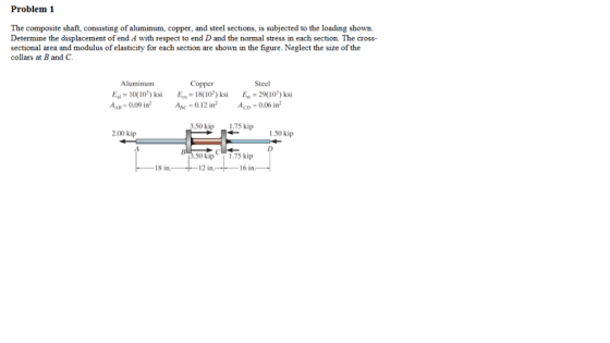 Problem 1 The composite shaft, consisting of aluminum, copper, and steel sections, is subjected to the loading shown. Determi