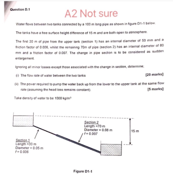 Question D.1 A2 Not sure Water flows between two tanks connected by a 100 m long pipe as shown in figure D1-1 below The tanks