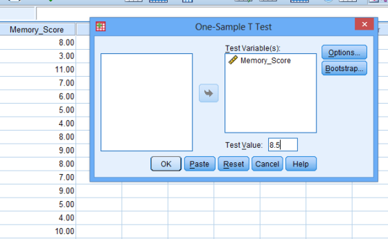 One-Sample T Test Score 8.00 3.00 11.00 7.00 6.00 5.00 4.00 8.00 9.00 8.00 7.00 9.00 5.00 4.00 10.00 Test Variable(s): Option