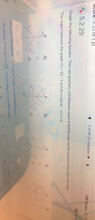 JCUre. 0.33 of 1 pt 3 of 40 (8 complete) HW Score: 1/08 5.2.29 Que Graph the following function. Then use geometry (not Riema