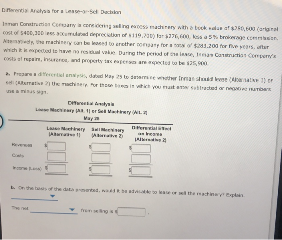Differential Analysis for a Lease-or-Sell Decision value of $280,600 (original mulated depreciation of $119,700) for $276,600